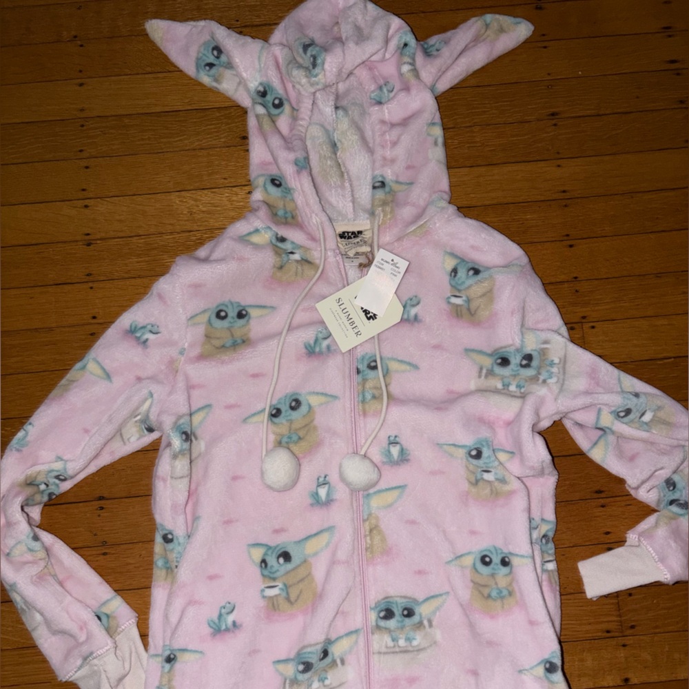Munki munki hooded baby yoda star wars soft zip fleece 1 pc adult pajamas m new - Picture 2 of 3